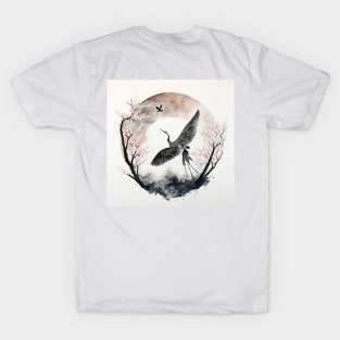 Crane's Flight Over Cherry Blossoms T-Shirt